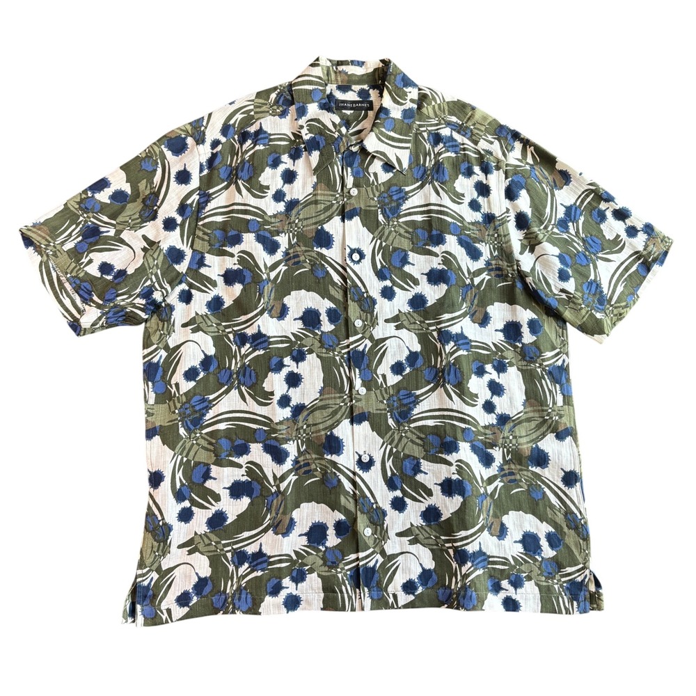 Jhane Barnes Mens XL Silk Linen Button Down Shirt Green Blue Abstract Floral